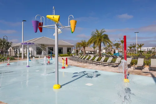 Children’s splash pad with water features at Storey Lake Resort