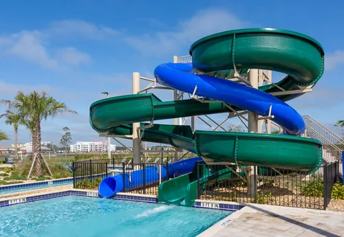 Blue and green water slides at Storey Lake Resort